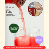 Instructional graphic for ByEla powder showing a red powder container pouring pink-red powder into a clear glass, with text instructions and a circular inset showing a hand holding the container.