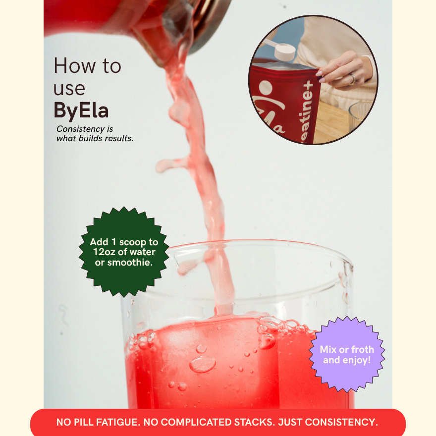 Instructional graphic for ByEla powder showing a red powder container pouring pink-red powder into a clear glass, with text instructions and a circular inset showing a hand holding the container.