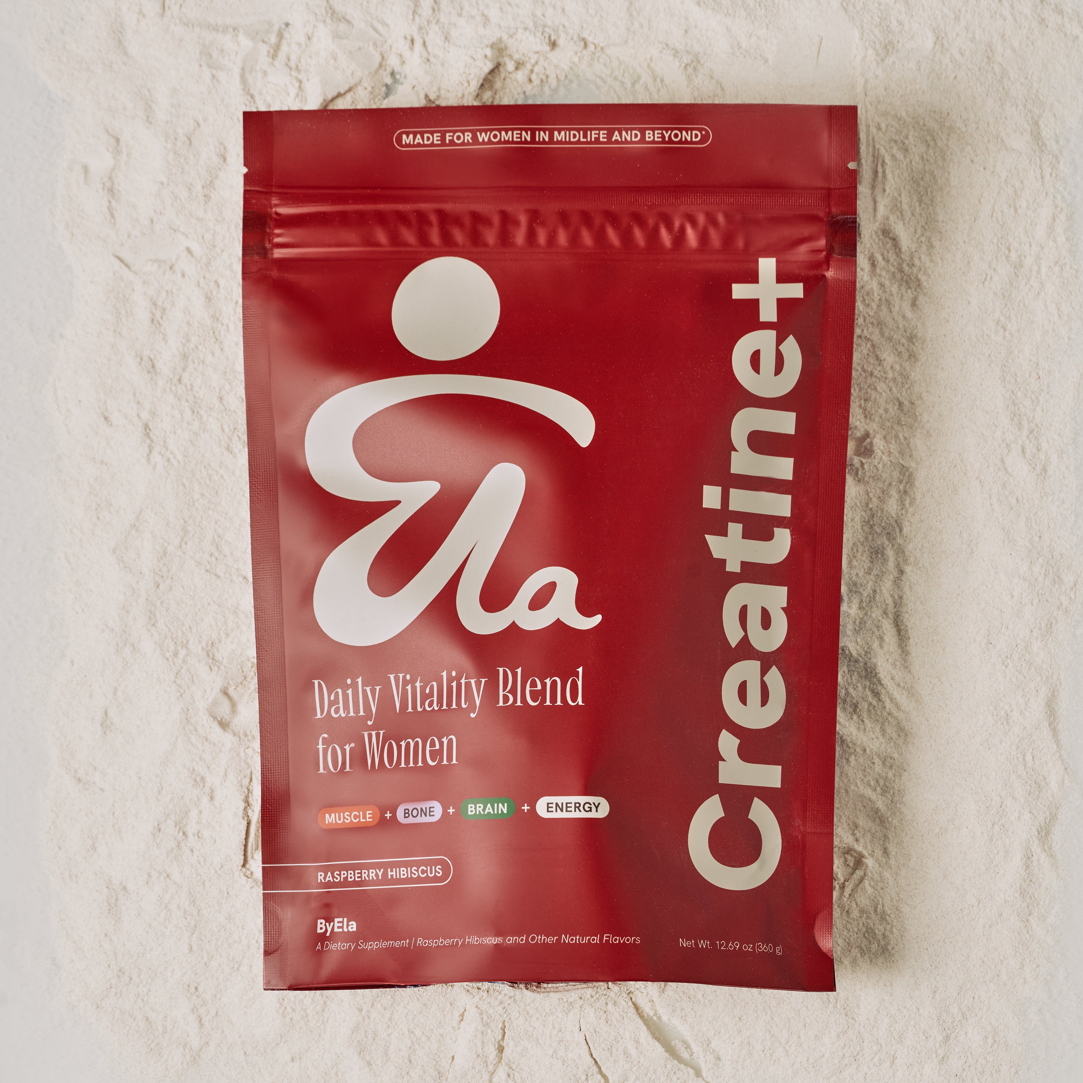 ByEla Creatine+ daily vitality blend pouch, designed for women in midlife and beyond.