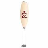 Cream-colored milk frother with a brand logo on a white background