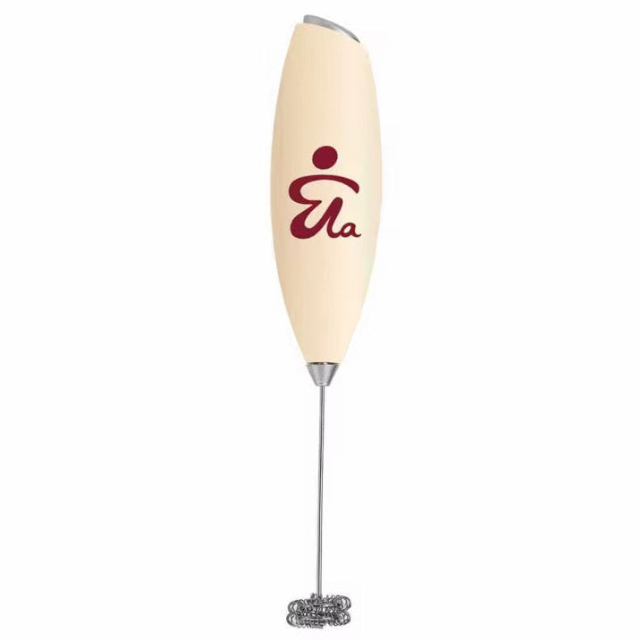 Cream-colored milk frother with a brand logo on a white background