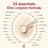 An informational graphic for a supplement powder showing a metal scoop filled with light beige powder over a circular arrangement of labeled ingredients. The text at the top reads '24 essentials.