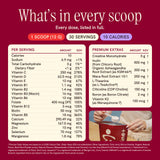 A supplement facts panel on a dark red background with the headline 'What's in every scoop.' The panel lists per serving amounts and percentages for calories, sodium, total carbohydrate, dietary fiber, vitamin C, vitamin D, vitamin E, vitamin B3, vitamin B12, vitamin B6, vitamin B2, vitamin B1, folate, protein, calcium, magnesium, zinc, selenium, and manganese.