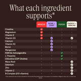 A dark brown infographic chart titled 'What each ingredient supports*' listing nutrients and supplements with colored labels for Muscle, Bone + Joint, Focus, and Energy + Immune support status.