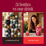 Promotional comparison graphic for dietary supplement bottles. Text at the top reads '24 bottles vs one drink.