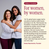 A promotional graphic with a photo of two smiling women hugging on the left and text on the right that reads 'FEMALE FOUNDED For women, by women.' followed by a quote and the name Estela Nascimento, Founder.